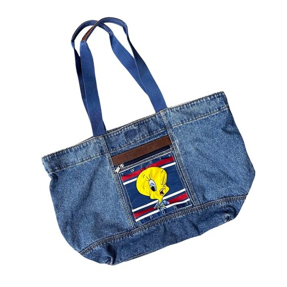 Vintage Tote Bag Denim Tweety Bird 1990s Y2K Retro Shoulder Purse Grocery Blue - Picture 1 of 12